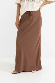 RHYTHM NADIA BIAS CUT MAXI SKIRT – RELAXED FIT ELASTIC WAIST DRAPED MAXI – CHOCOLATE