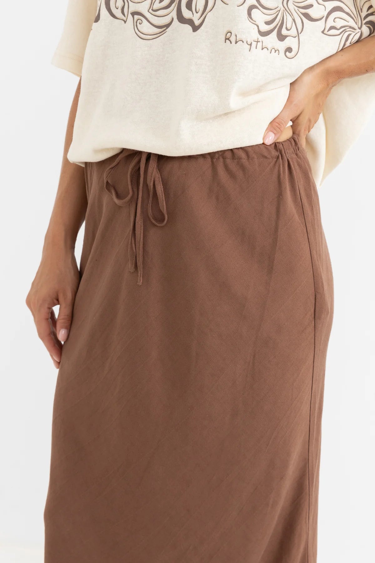RHYTHM NADIA BIAS CUT MAXI SKIRT – RELAXED FIT ELASTIC WAIST DRAPED MAXI – CHOCOLATE