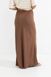 RHYTHM NADIA BIAS CUT MAXI SKIRT – RELAXED FIT ELASTIC WAIST DRAPED MAXI – CHOCOLATE