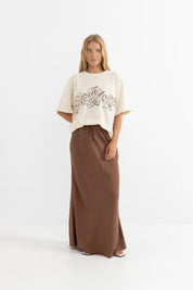 RHYTHM NADIA BIAS CUT MAXI SKIRT – RELAXED FIT ELASTIC WAIST DRAPED MAXI – CHOCOLATE