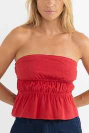 RHYTHM NADIA STRAPLESS TOP – SLIM FIT GATHERED PEPLUM STRAPLESS TOP – FIRE