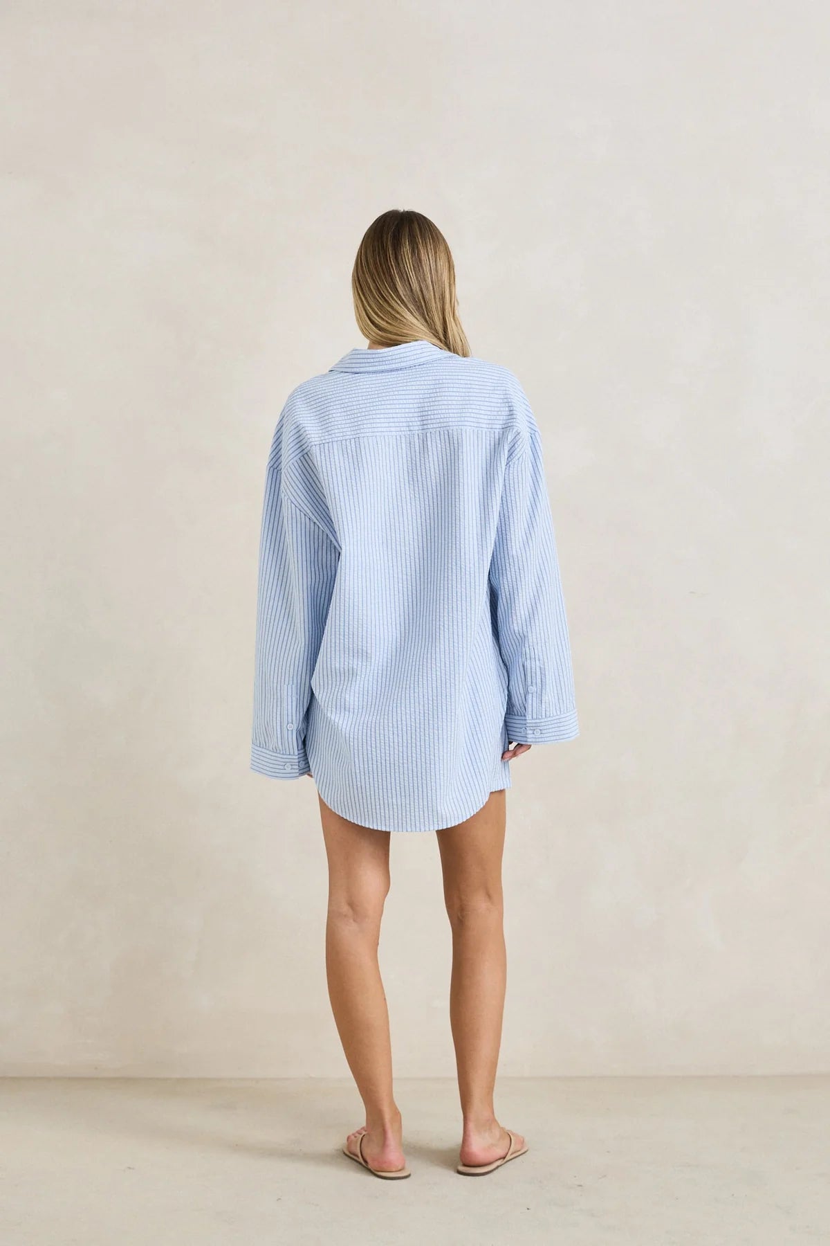 RHYTHM OVERSWIM STRIPE SHIRT WOMENS OVERSIZED BEACH COVER UP BLUE