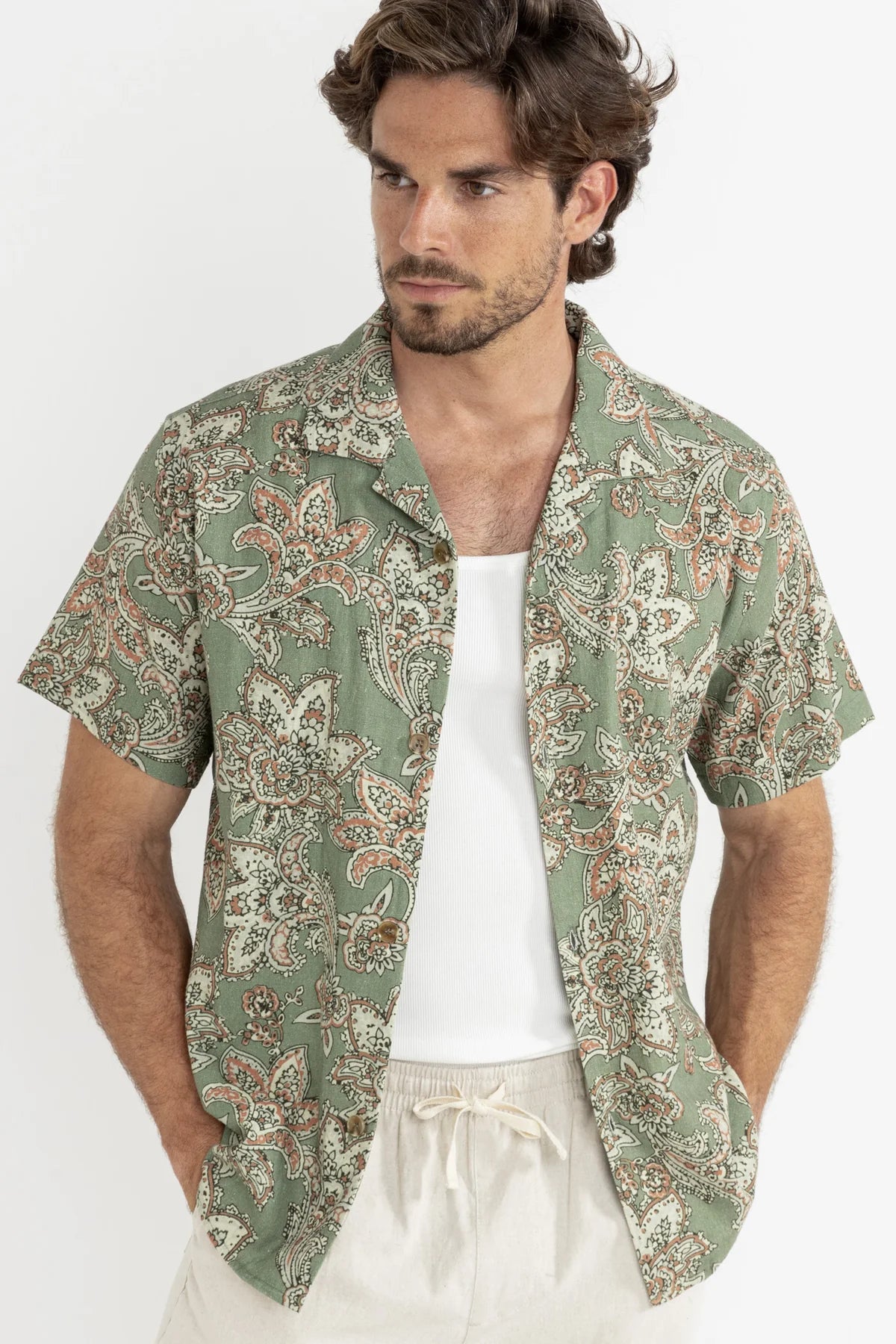 RHYTHM PAISLEY SS SHIRT – BREEZY CUBAN COLLAR SHORT SLEEVE PAISLEY SHIRT – GREEN TEA