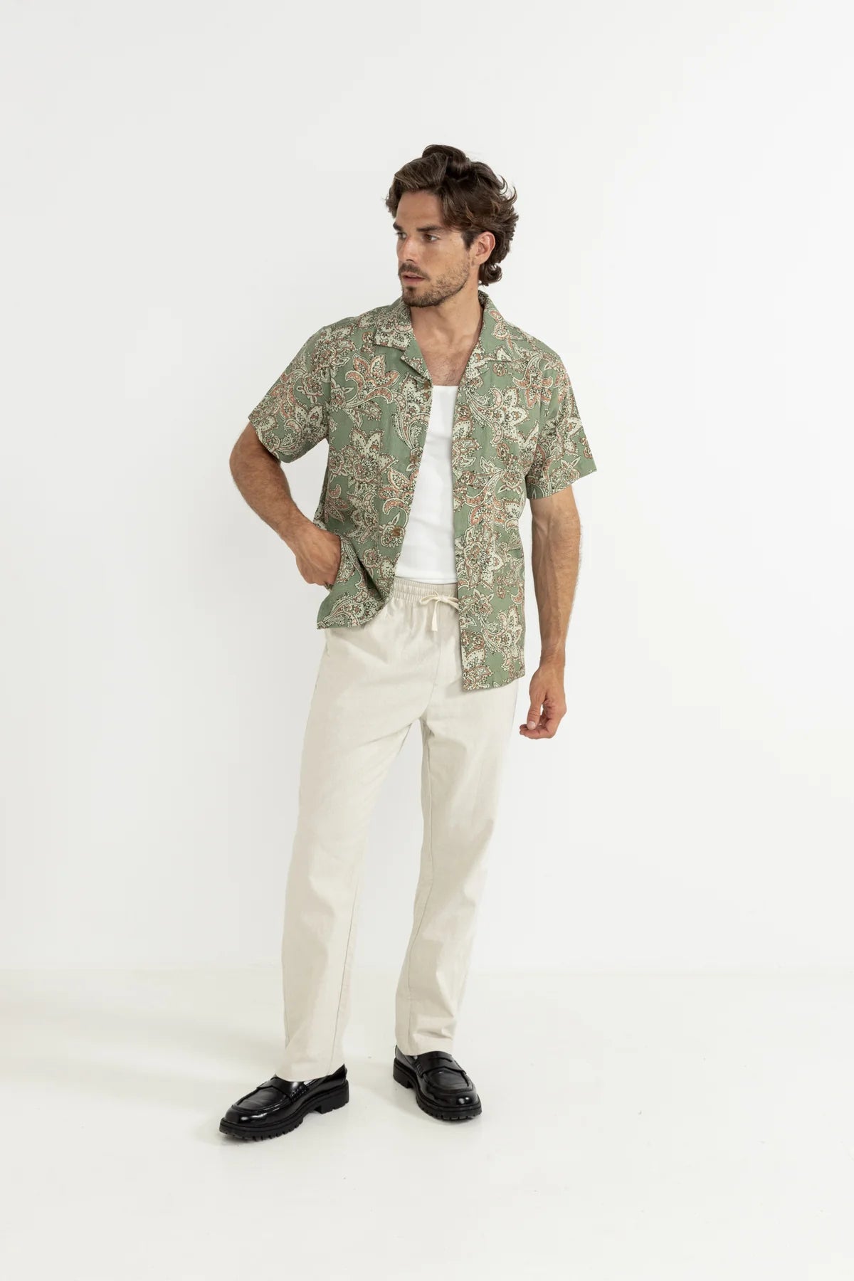 RHYTHM PAISLEY SS SHIRT – BREEZY CUBAN COLLAR SHORT SLEEVE PAISLEY SHIRT – GREEN TEA