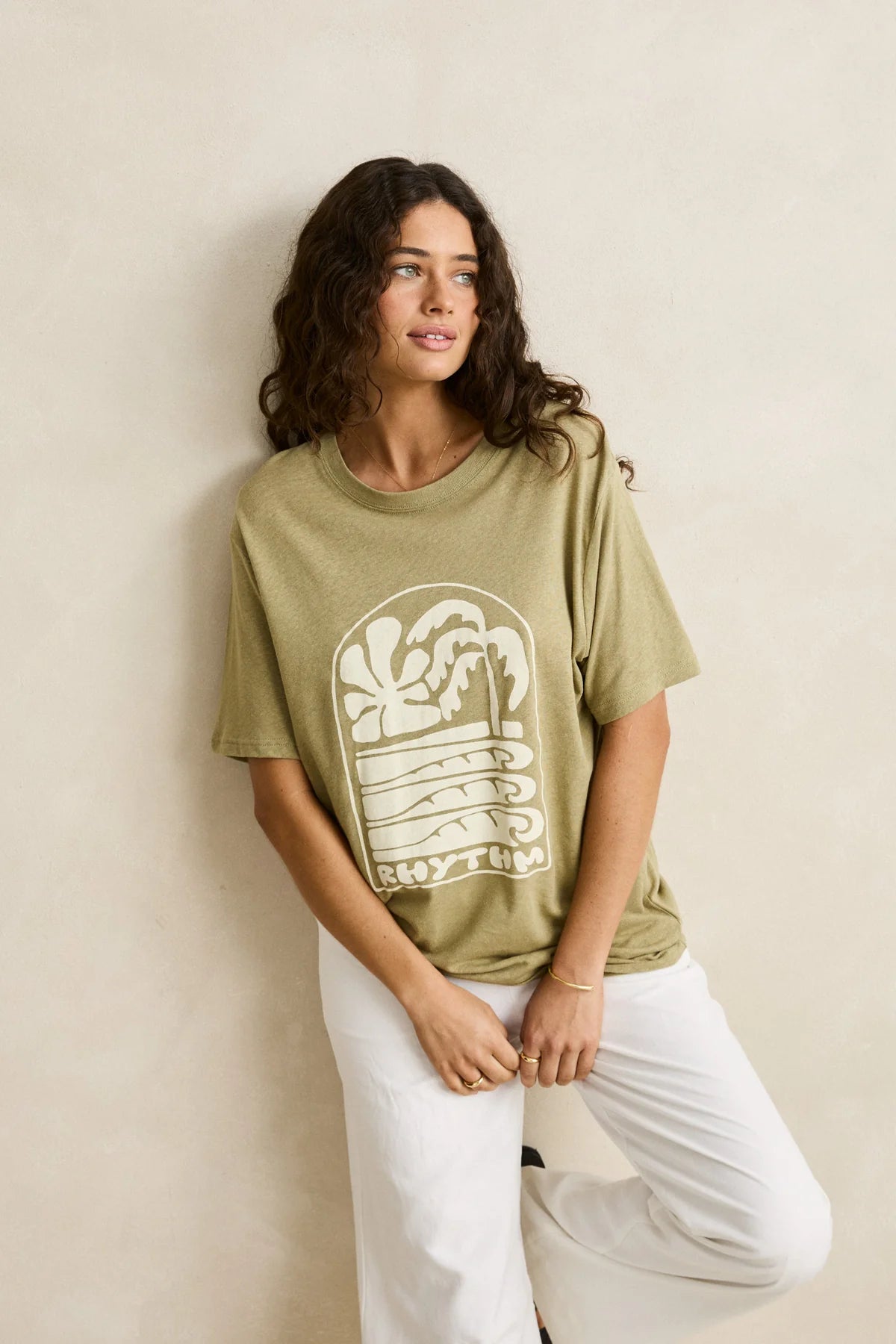 RHYTHM PALM AND SUN OVERSIZED T-SHIRT WOMENS RELAXED FIT GRAPHIC TEE SAGE