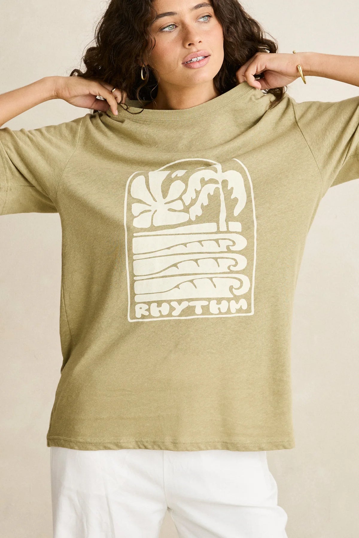 RHYTHM PALM AND SUN OVERSIZED T-SHIRT WOMENS RELAXED FIT GRAPHIC TEE SAGE