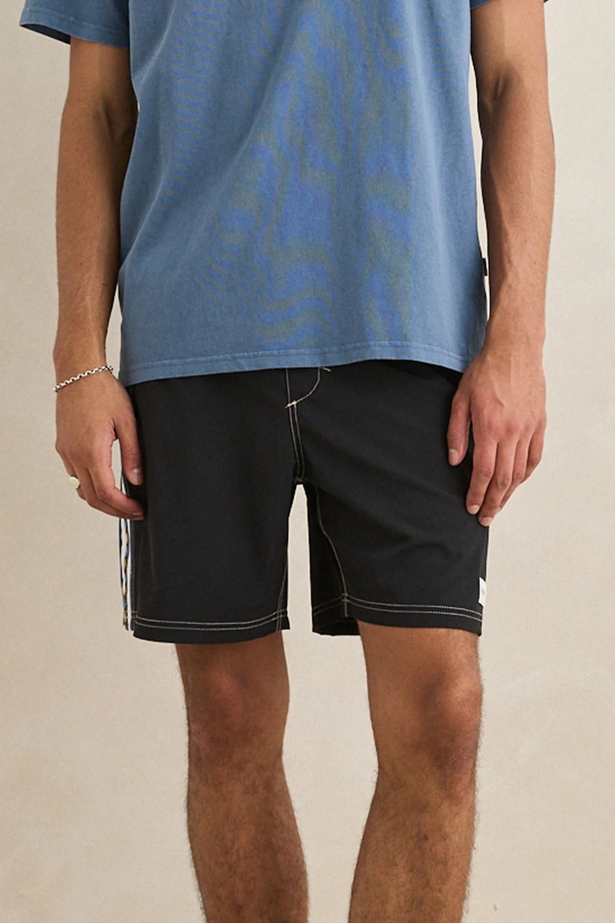 RHYTHM PANEL STRIPE BEACH SHORT BLACK ELASTIC WAIST MENS SUMMER SHORTS