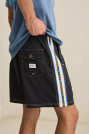 RHYTHM PANEL STRIPE BEACH SHORT BLACK ELASTIC WAIST MENS SUMMER SHORTS
