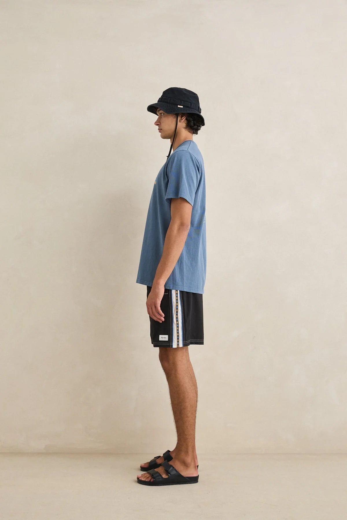 RHYTHM PANEL STRIPE BEACH SHORT BLACK ELASTIC WAIST MENS SUMMER SHORTS