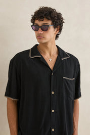 RHYTHM RELAXED WHIP STITCH SS SHIRT BLACK CUBAN COLLAR MENS COASTAL SHIRT