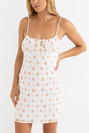 RHYTHM ROSIE FLORAL MINI DRESS – SLIM-FIT MILKMAID STYLE DRESS – WHITE
