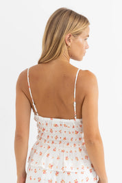 RHYTHM ROSIE FLORAL TIE FRONT TOP – SLIM-FIT SHIRRED ADJUSTABLE CROP TOP – WHITE