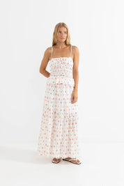 RHYTHM ROSIE FLORAL TIE FRONT TOP – SLIM-FIT SHIRRED ADJUSTABLE CROP TOP – WHITE