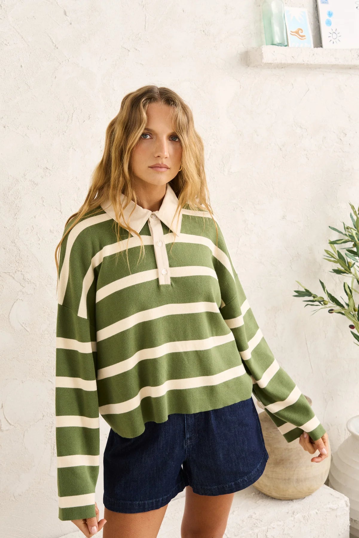 RHYTHM RUGBY POLO KNIT SWEATER WOMENS VINTAGE COLLARED KNIT JUMPER OLIVE