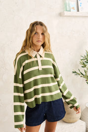 RHYTHM RUGBY POLO KNIT SWEATER WOMENS VINTAGE COLLARED KNIT JUMPER OLIVE