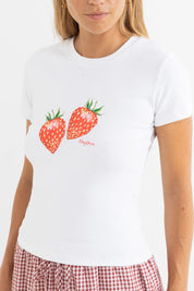 RHYTHM STRAWBERRY EVERYDAY TEE – SLIM FIT LONG LINE BABY TEE WITH ARTWORK – WHITE