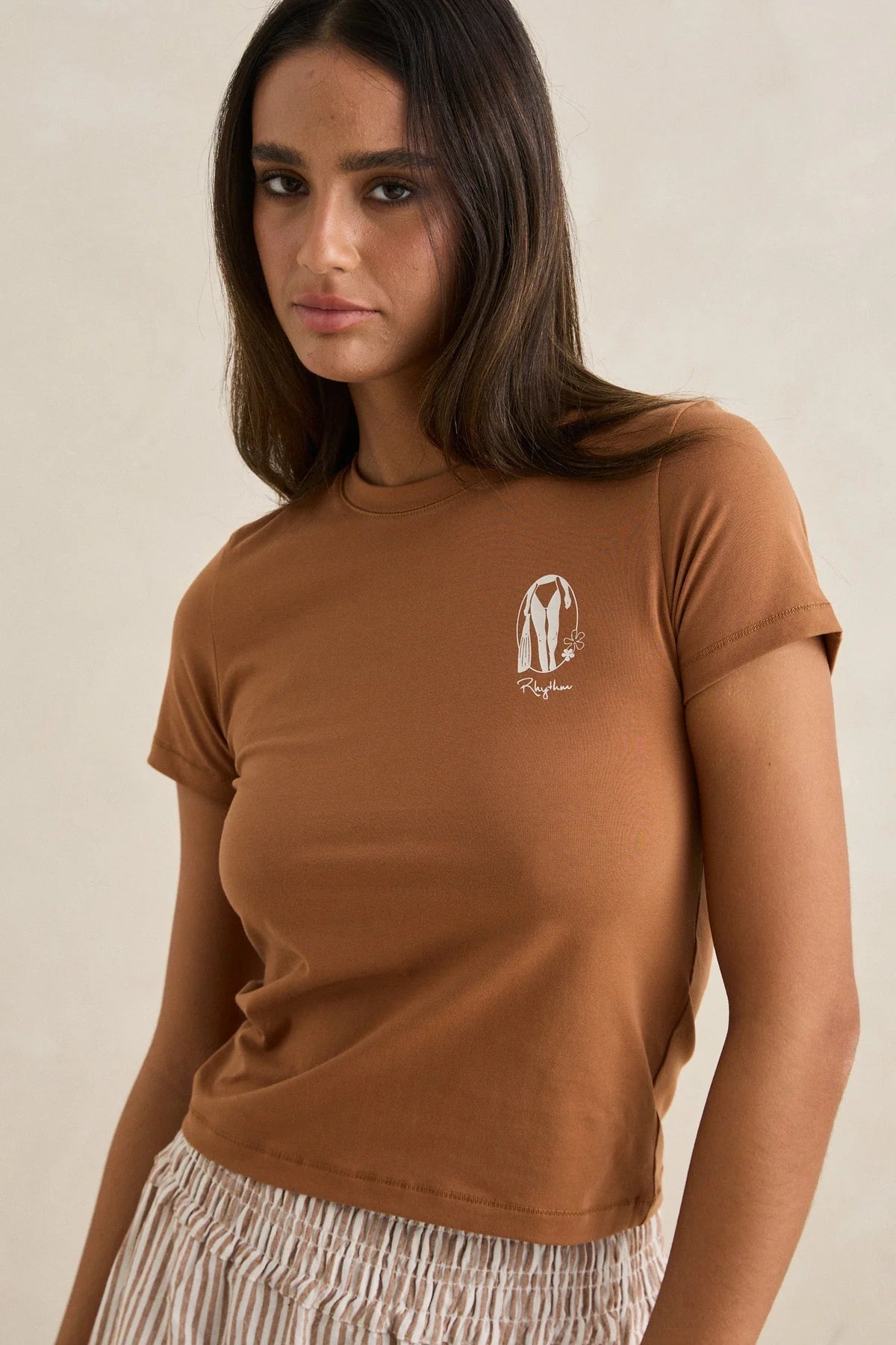 RHYTHM SUNNY EVERYDAY TEE CHOCOLATE SLIM LONGLINE WOMENS BASIC T SHIRT