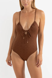 RHYTHM SUNSET TIE FRONT ONE PIECE – MINIMAL COVERAGE UNDERWIRE SWIMSUIT – CHOCOLATE