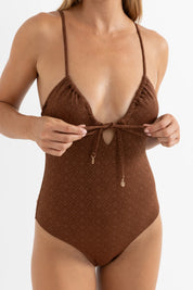 RHYTHM SUNSET TIE FRONT ONE PIECE – MINIMAL COVERAGE UNDERWIRE SWIMSUIT – CHOCOLATE