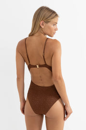 RHYTHM SUNSET TIE FRONT ONE PIECE – MINIMAL COVERAGE UNDERWIRE SWIMSUIT – CHOCOLATE
