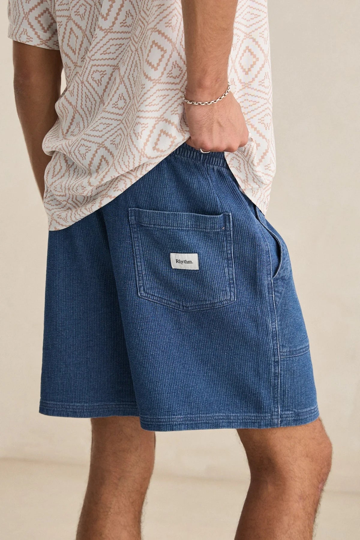 RHYTHM TEXTURED WALE JAM MENS SHORTS ELASTIC WAIST RELAXED SUMMER INDIGO