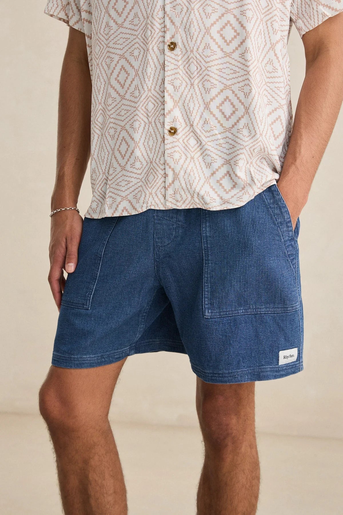 RHYTHM TEXTURED WALE JAM MENS SHORTS ELASTIC WAIST RELAXED SUMMER INDIGO