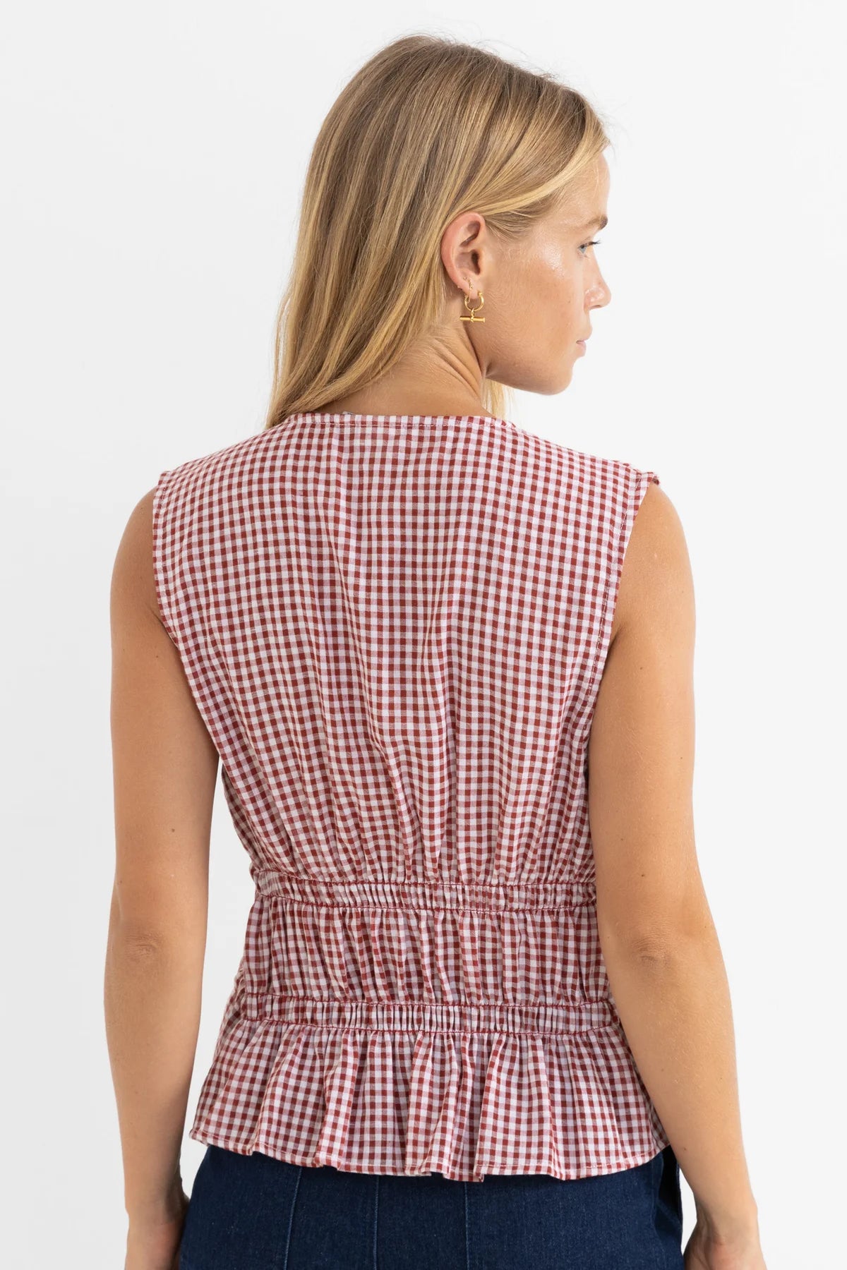 RHYTHM TIE FRONT TOP – SLEEVELESS V-NECK ROUCHED ADJUSTABLE DRAWSTRING TOP – FIRE