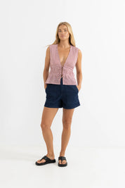 RHYTHM TIE FRONT TOP – SLEEVELESS V-NECK ROUCHED ADJUSTABLE DRAWSTRING TOP – FIRE