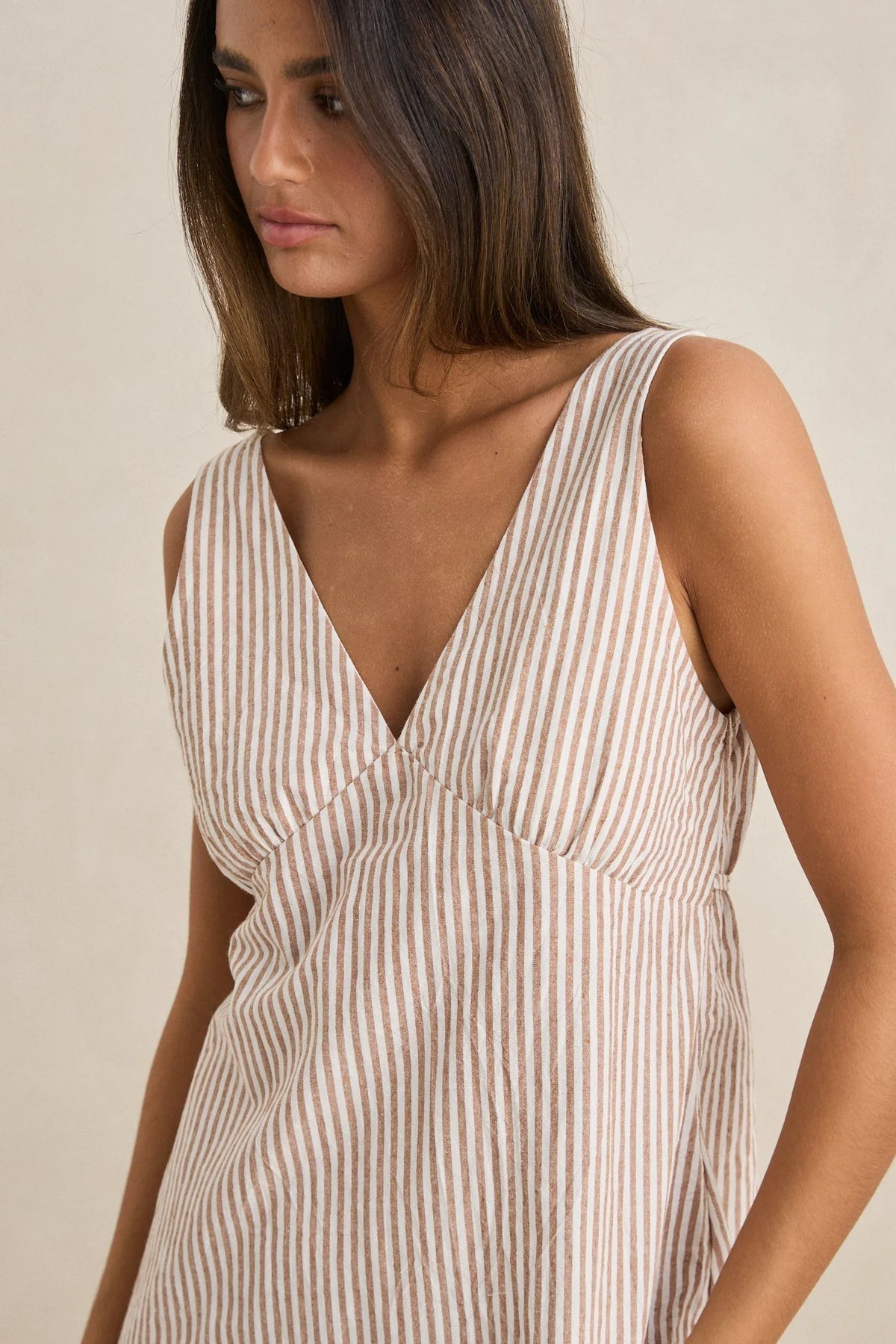 RHYTHM VALLEY STRIPE MINI DRESS TAN A LINE V NECK COASTAL SUMMER DAYWEAR