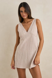 RHYTHM VALLEY STRIPE MINI DRESS TAN A LINE V NECK COASTAL SUMMER DAYWEAR
