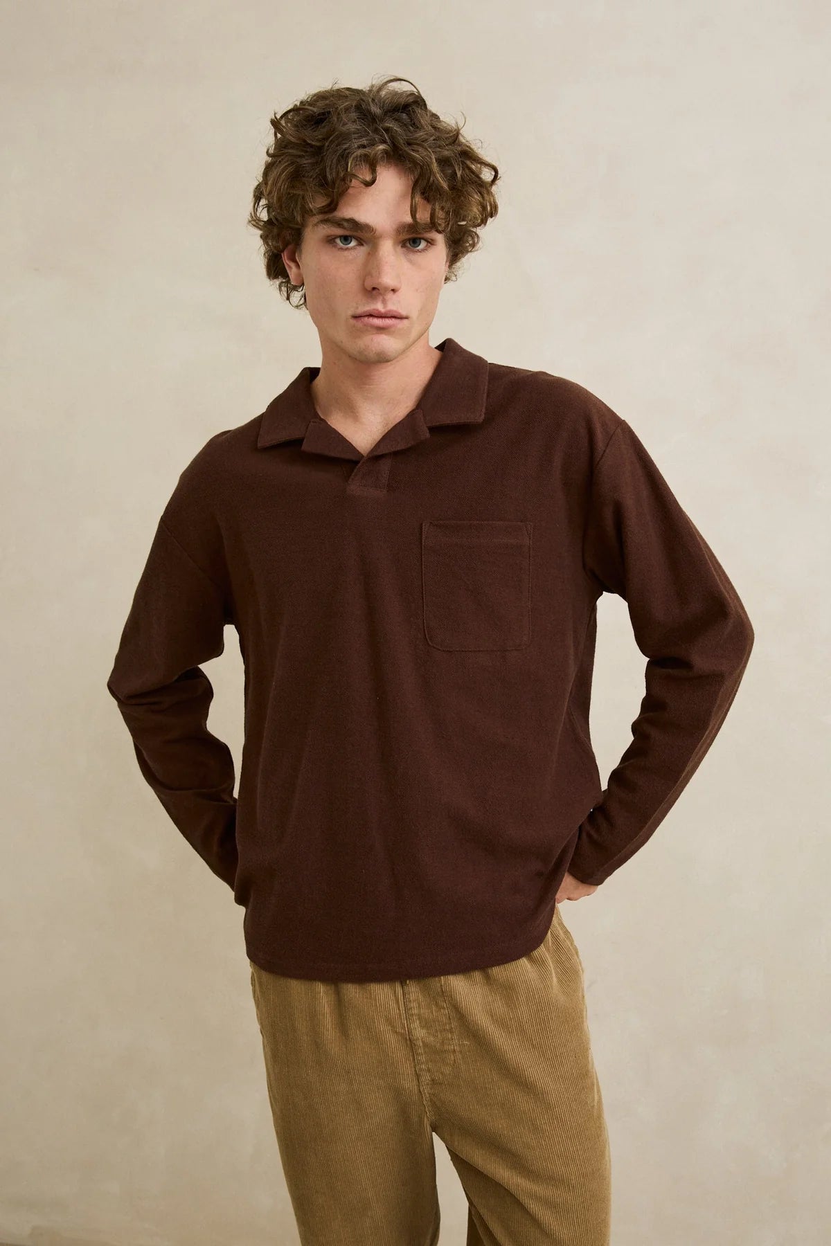 RHYTHM VINTAGE TERRY LS POLO – CHOCOLATE