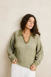 RHYTHM VISTA STRIPE COLLARED JUMPER WOMENS OVERSIZED HEAVY KNIT SWEATER OLIVE