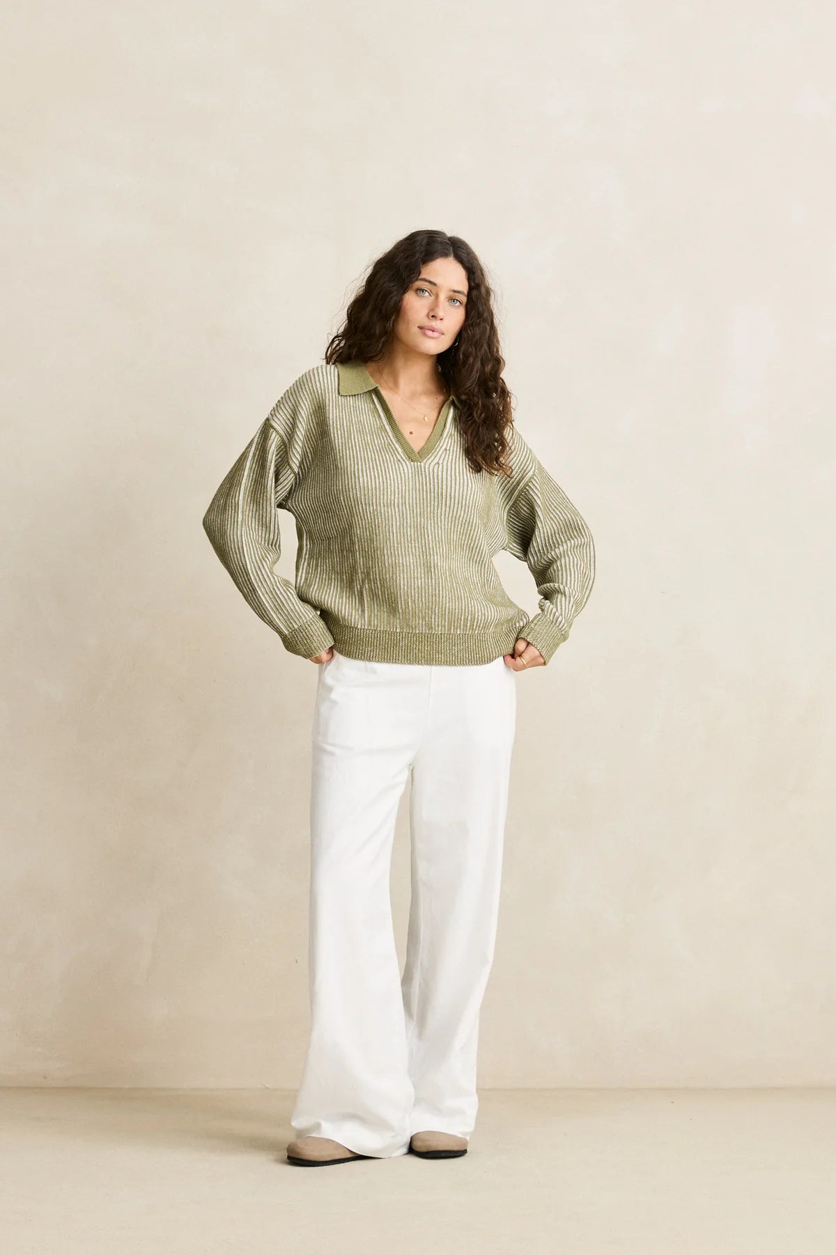 RHYTHM VISTA STRIPE COLLARED JUMPER WOMENS OVERSIZED HEAVY KNIT SWEATER OLIVE