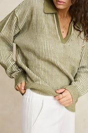 RHYTHM VISTA STRIPE COLLARED JUMPER WOMENS OVERSIZED HEAVY KNIT SWEATER OLIVE