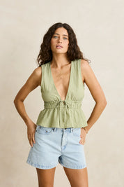 RHYTHM VISTA STRIPE TIE FRONT TOP WOMENS SLEEVELESS SUMMER TOP OLIVE STRIPE