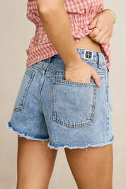 RHYTHM WANDERER DENIM SHORT WOMENS LOW RISE BOYFRIEND SHORT BLUE FRAYED HEM