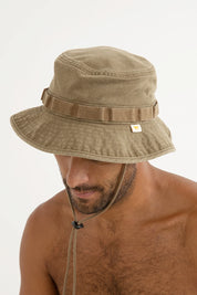 RHYTHM WORN PATH BOONIE – WIDE BRIM COTTON CANVAS BOONIE WITH CHIN STRAP – FATIGUE
