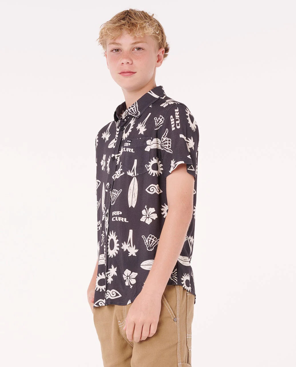 RIP CURL ISLAND PARADISO SHIRT – KIDS SUMMER BUTTON-UP HOLIDAY TOP IN WASHED BLACK