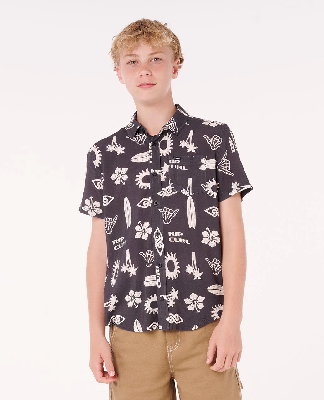 RIP CURL ISLAND PARADISO SHIRT – KIDS SUMMER BUTTON-UP HOLIDAY TOP IN WASHED BLACK