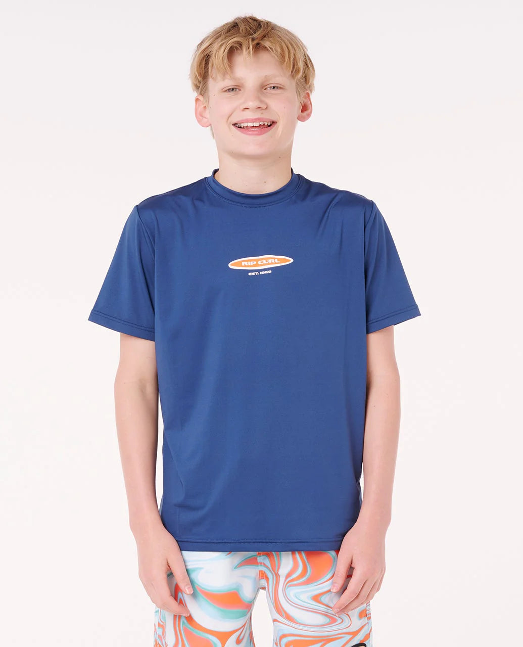 RIP CURL ISLAND PARADISO UPF SHORT SLEEVE RASH VEST – KIDS SURF SUN TOP LIGHT NAVY