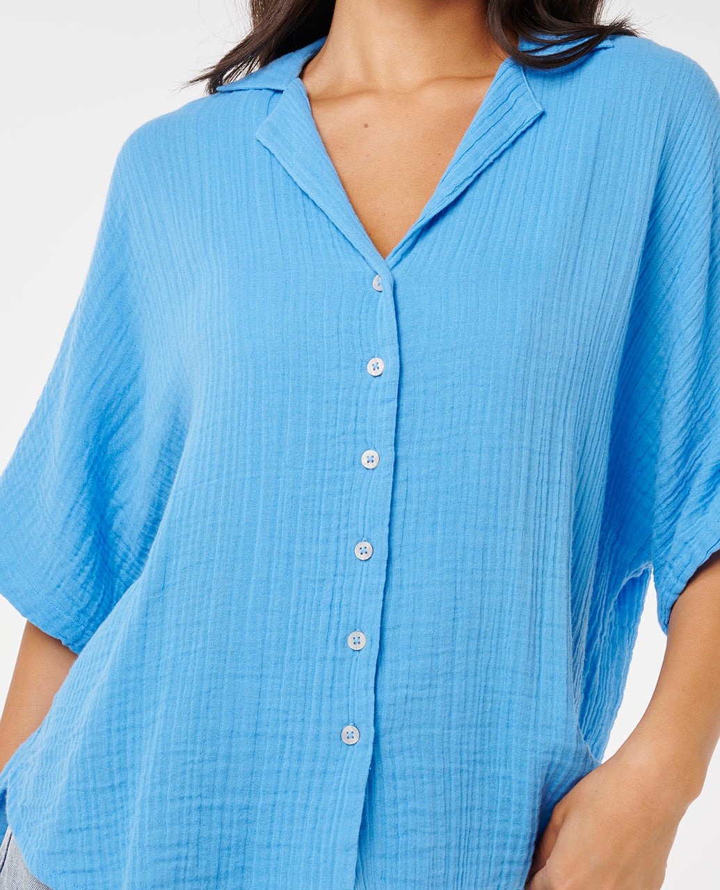 RIP CURL PREMIUM SURF SHORT SLEEVE SHIRT – WOMENS LIGHTWEIGHT SUMMER TOP AZURE BLUE