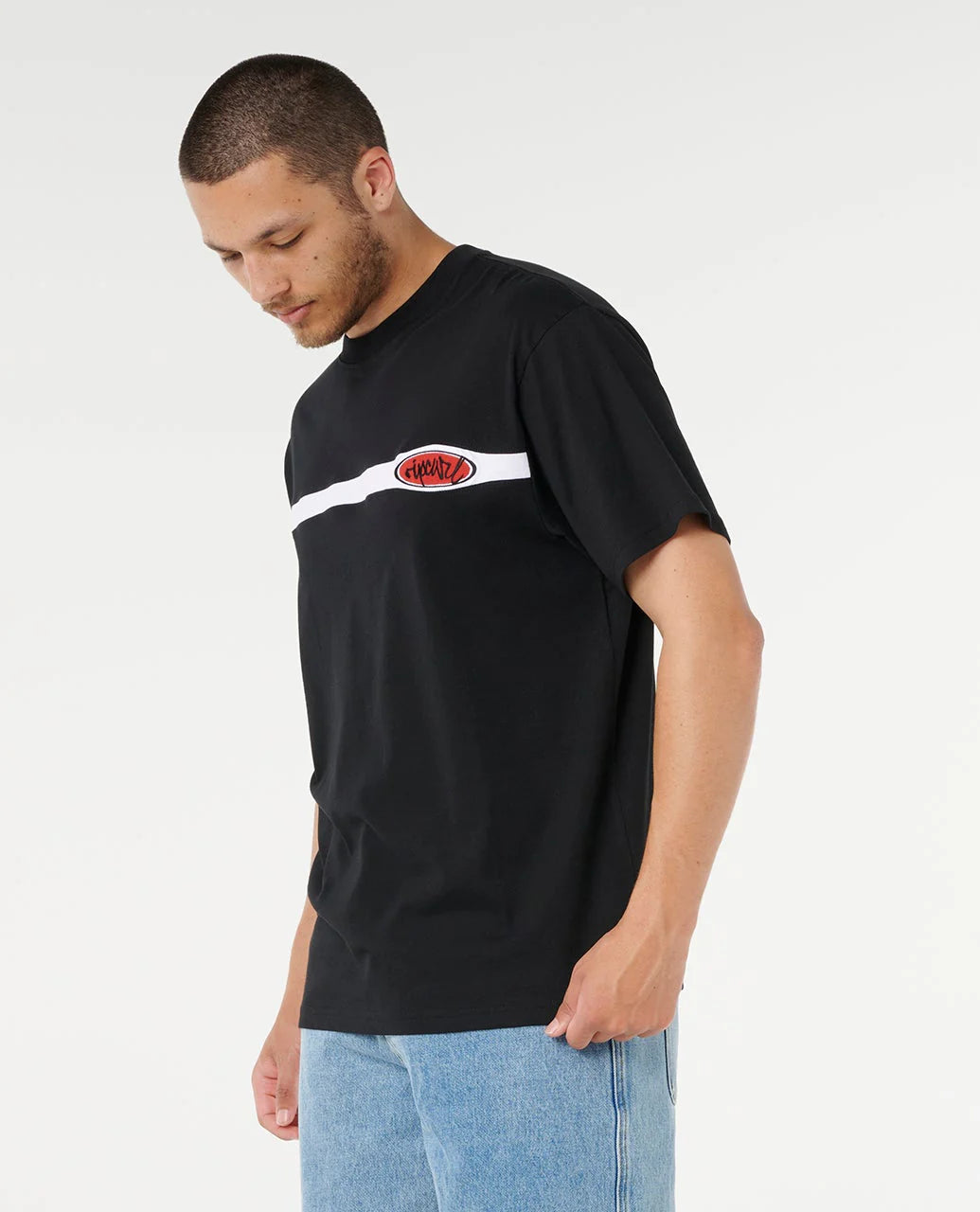 RIP CURL SCRIPT PANEL TEE – MENS CLASSIC SURF LOGO T-SHIRT IN BLACK