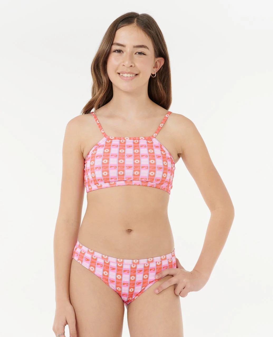 RIP CURL SUNSET CHECK RIB BIKINI – KIDS – PINK TEXTURED TWO-PIECE SWIM SET