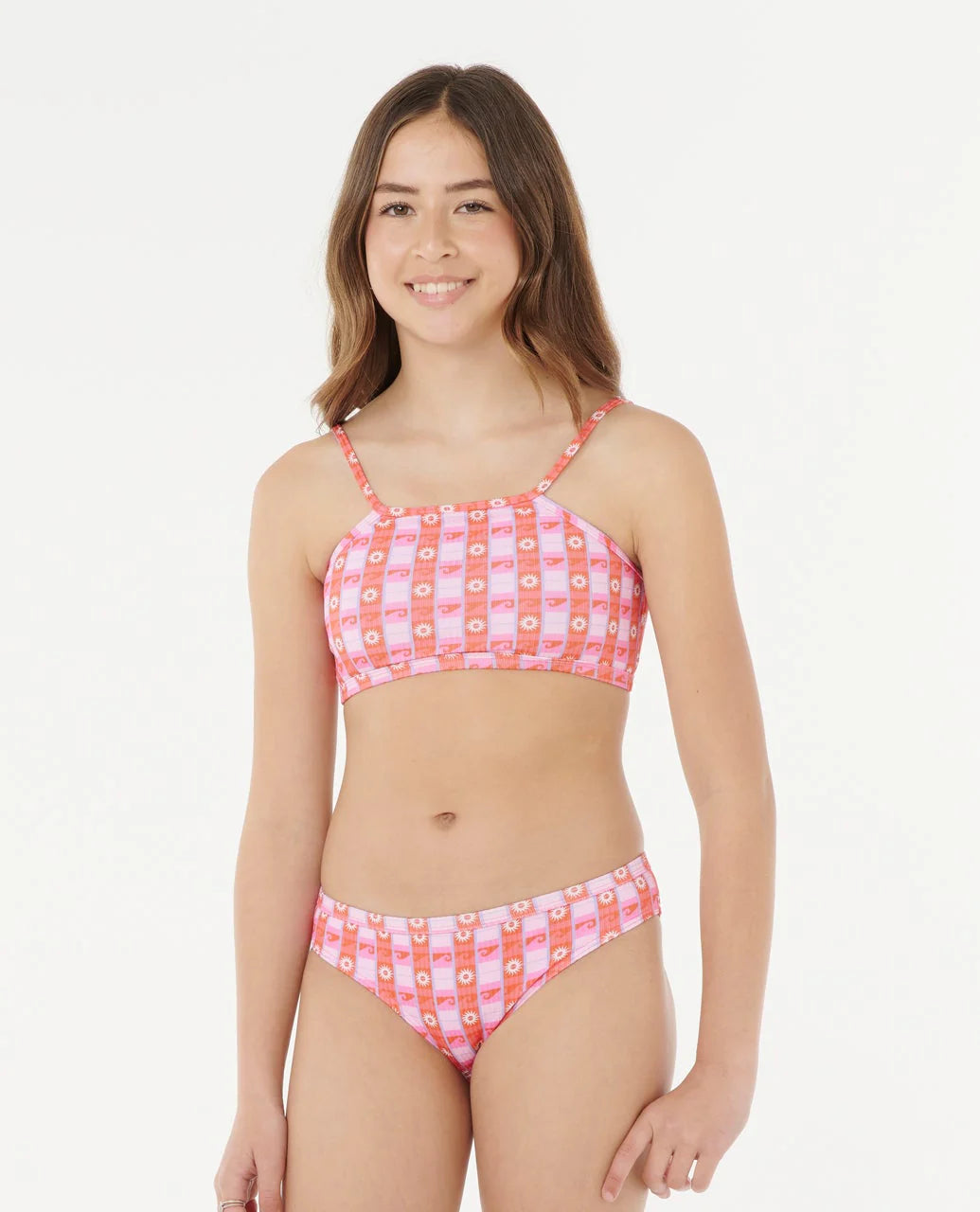RIP CURL SUNSET CHECK RIB BIKINI – KIDS – PINK TEXTURED TWO-PIECE SWIM SET