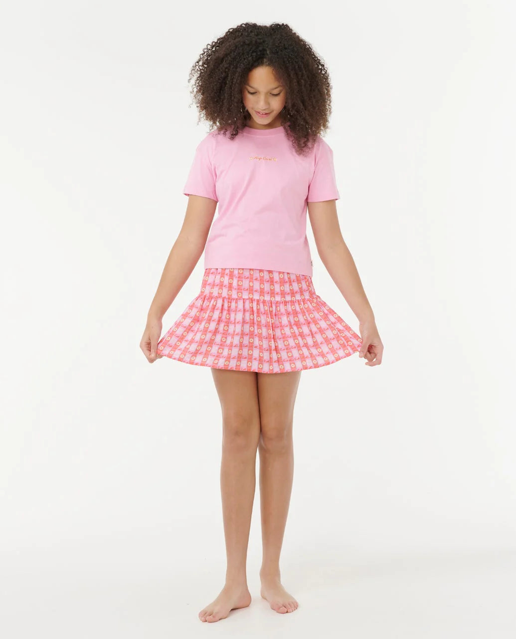 RIP CURL SUNSET CHECK SKORT – KIDS – PINK COTTON PLAID RELAXED FIT SHORT SKIRT