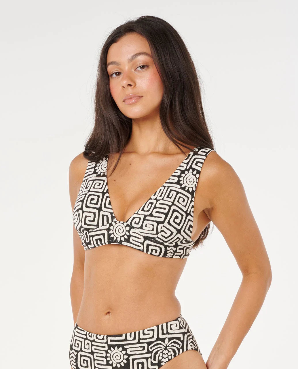 RIP CURL SUNSET JACQUARD DEEP V BIKINI TOP – WOMENS LUXE SWIMWEAR IN BLACK