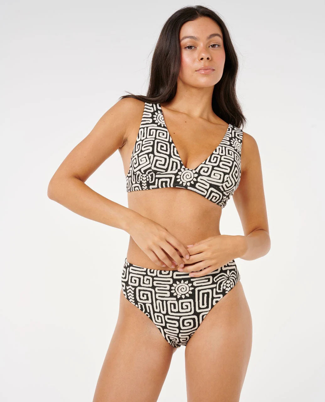 RIP CURL SUNSET JACQUARD DEEP V BIKINI TOP – WOMENS LUXE SWIMWEAR IN BLACK
