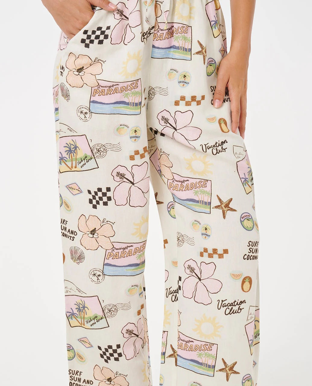 RIP CURL SUNSET LUAU WIDE LEG PANTS WOMENS CASUAL SUMMER STYLE – OFF WHITE