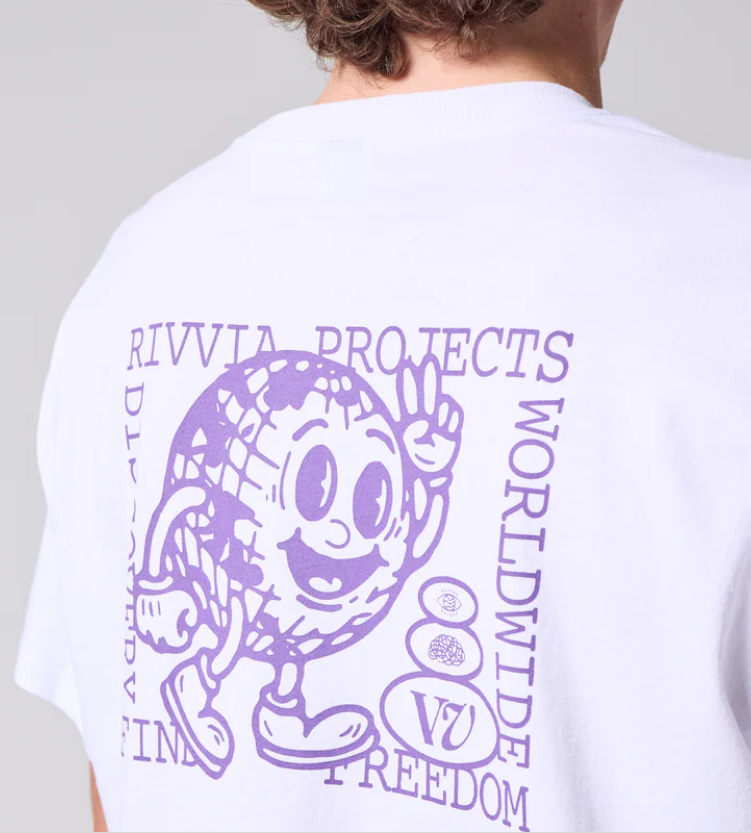 RIVVIA HAPPY GLOBE T SHIRT WHITE 200GSM UNISEX SURF GRAPHIC TEE