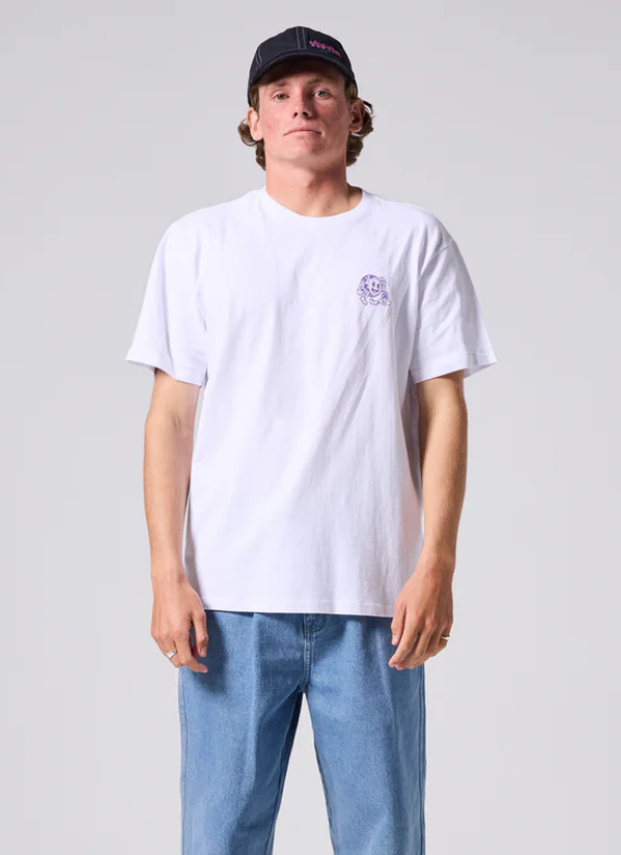 RIVVIA HAPPY GLOBE T SHIRT WHITE 200GSM UNISEX SURF GRAPHIC TEE